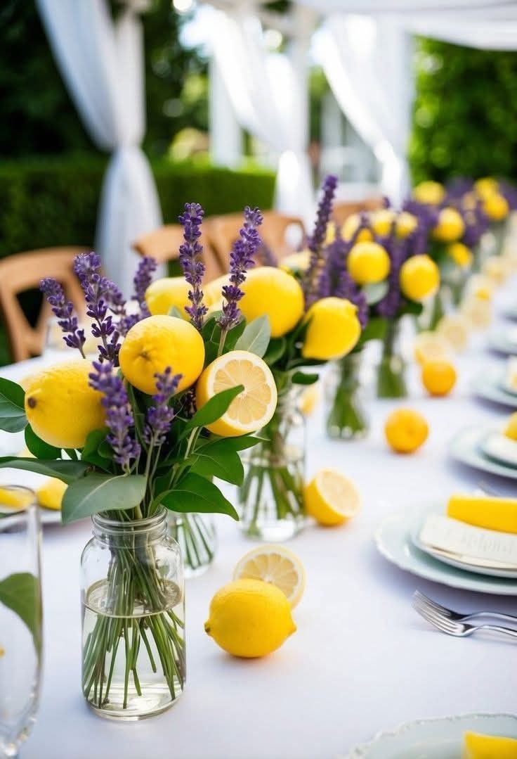 Elegant outdoor wedding table centerpieces featuring fresh lemons and purple lavender in glass mason jars.