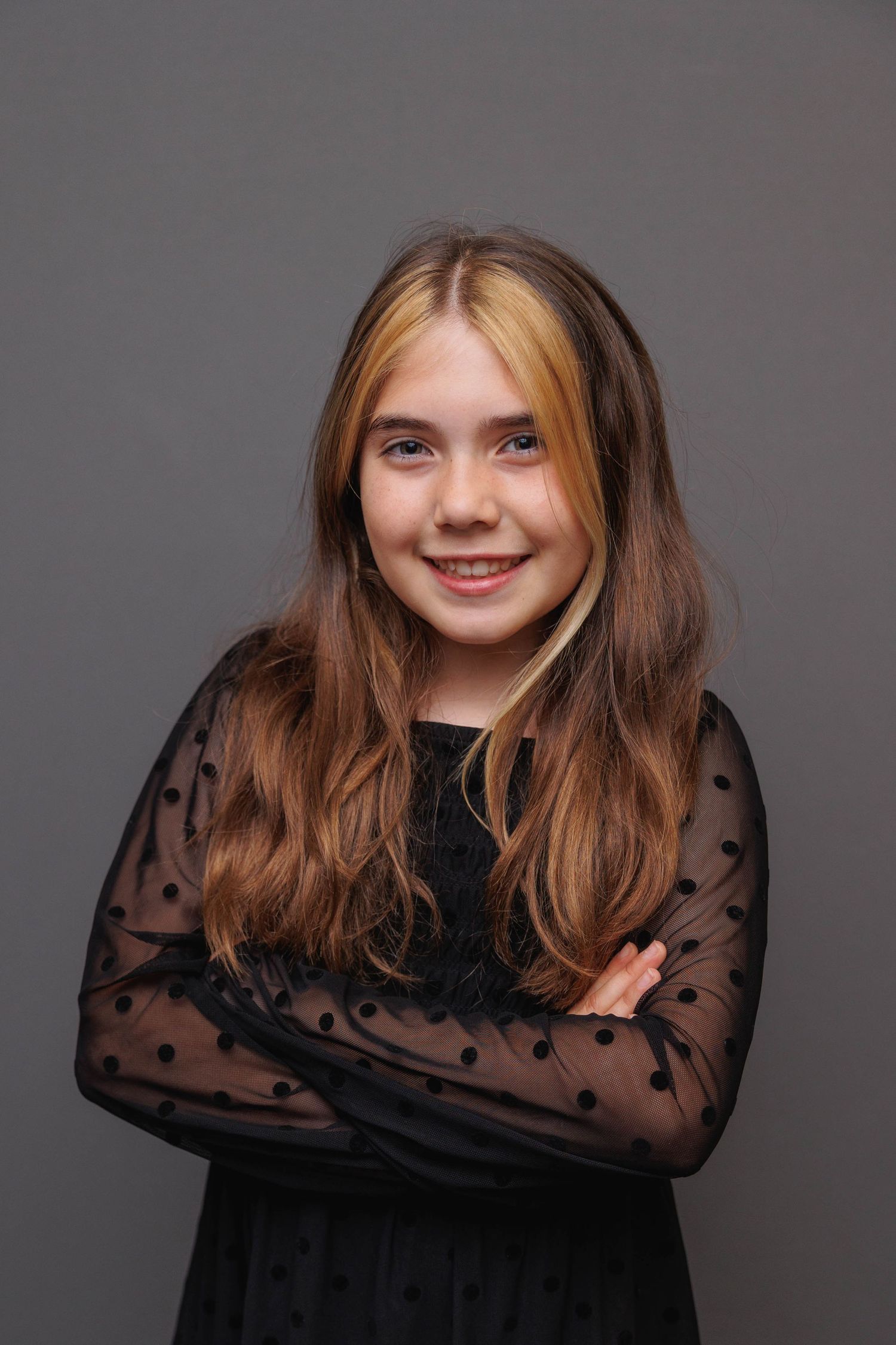 A series of four studio portraits showing someone wearing a black polka dot sheer top against a gray background.