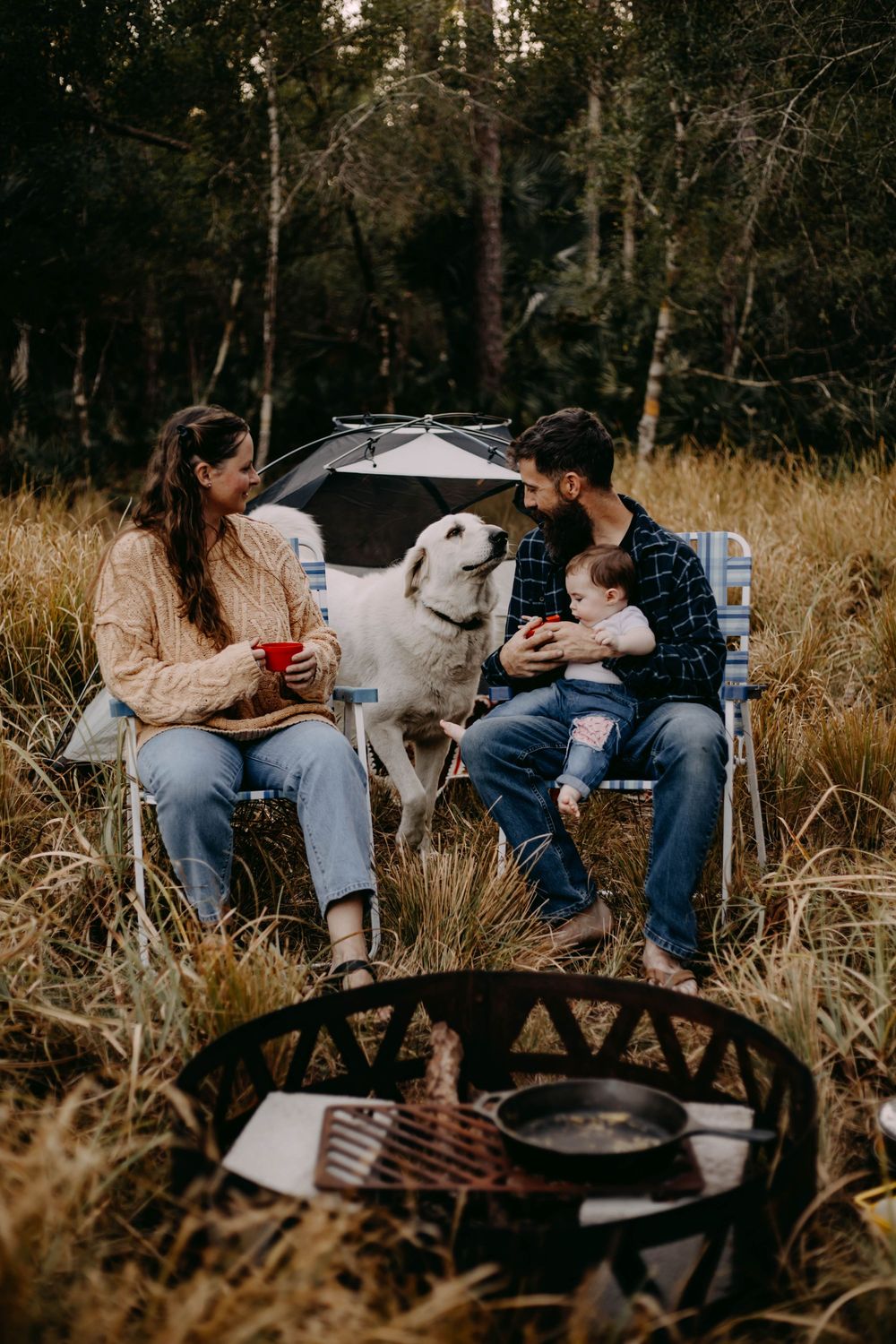 Couple relaxes on outdoor bench with their white dog during golden hour in autumn field.