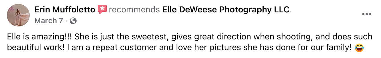 A positive customer review praising photography services and customer experience.