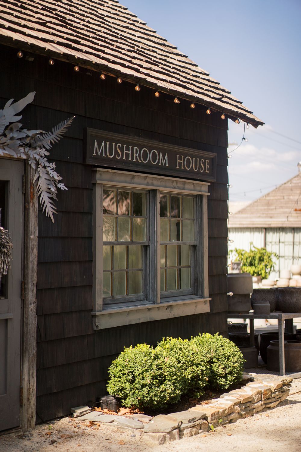 Rustic wood-shingled building with sign reading 'Mushroom House' and green shrubs in front.
