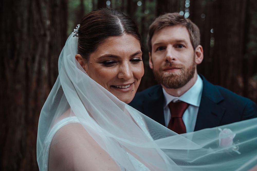 Newlywed couple shares intimate moments in a forest setting captured in a romantic wedding photography collage.