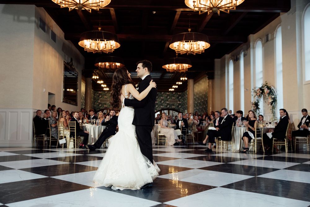 A elegant ballroom with crystal chandeliers and checkered dance floor captured in a series of photos.