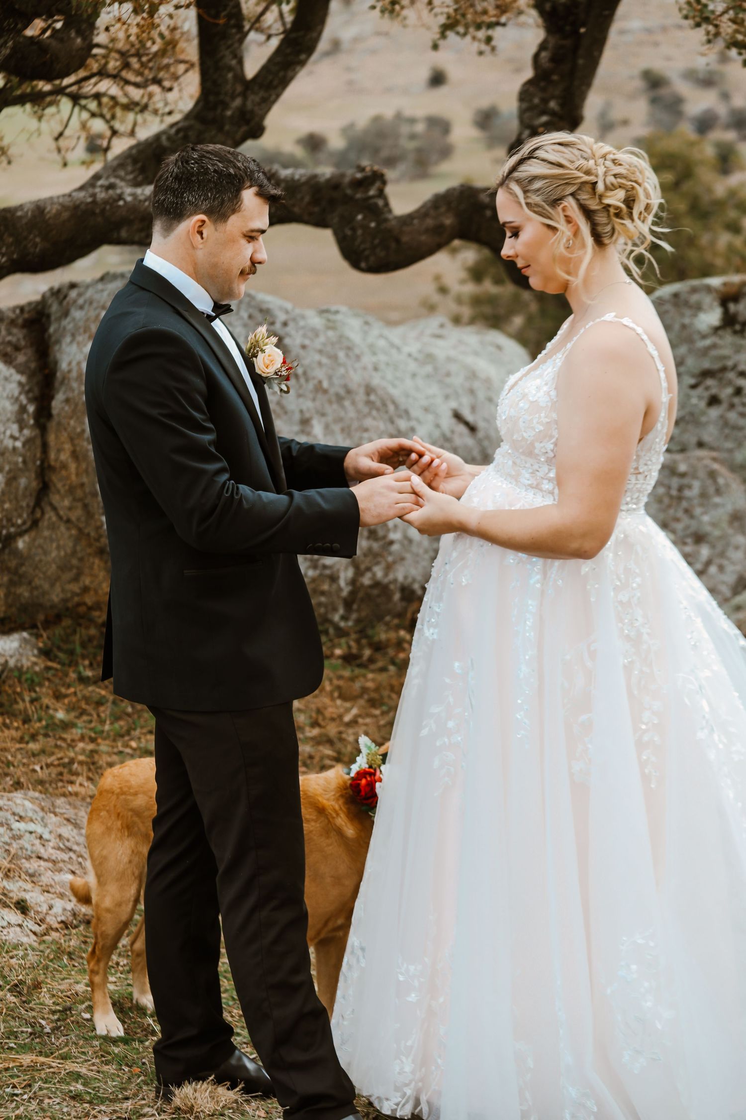 A couple exchanges rings during their outdoor wedding ceremony with their dog nearby.