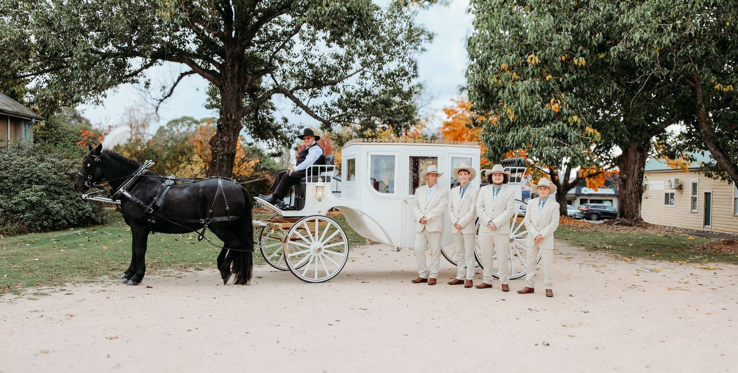 Outdoor wedding venue path with vintage carriage and rustic decor visible.