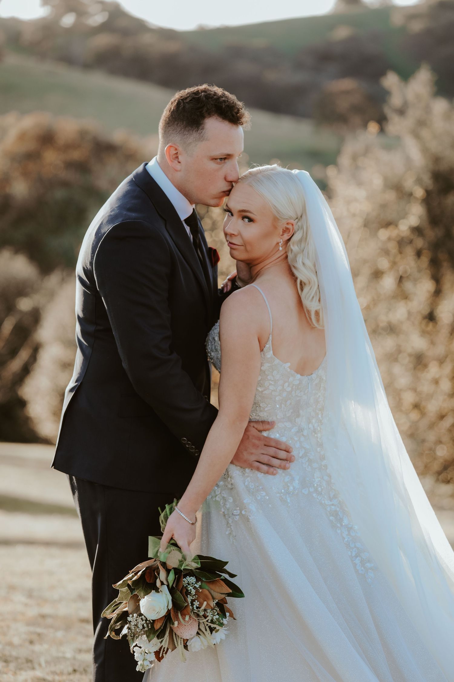 Five romantic wedding portraits featuring a bride in a beaded gown and groom against a golden outdoor backdrop.