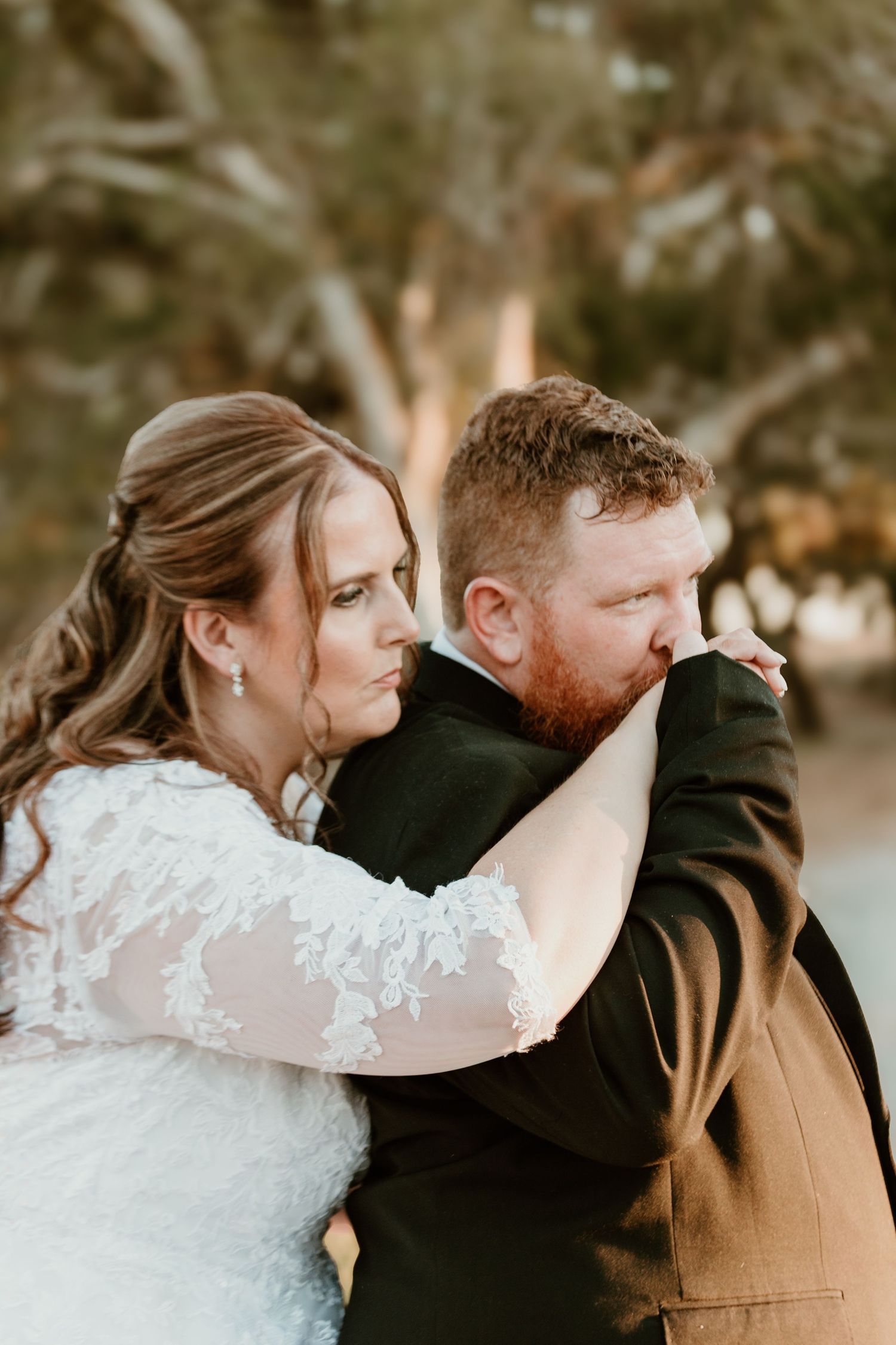 Romantic outdoor wedding photo sequence capturing intimate moments between newlyweds.