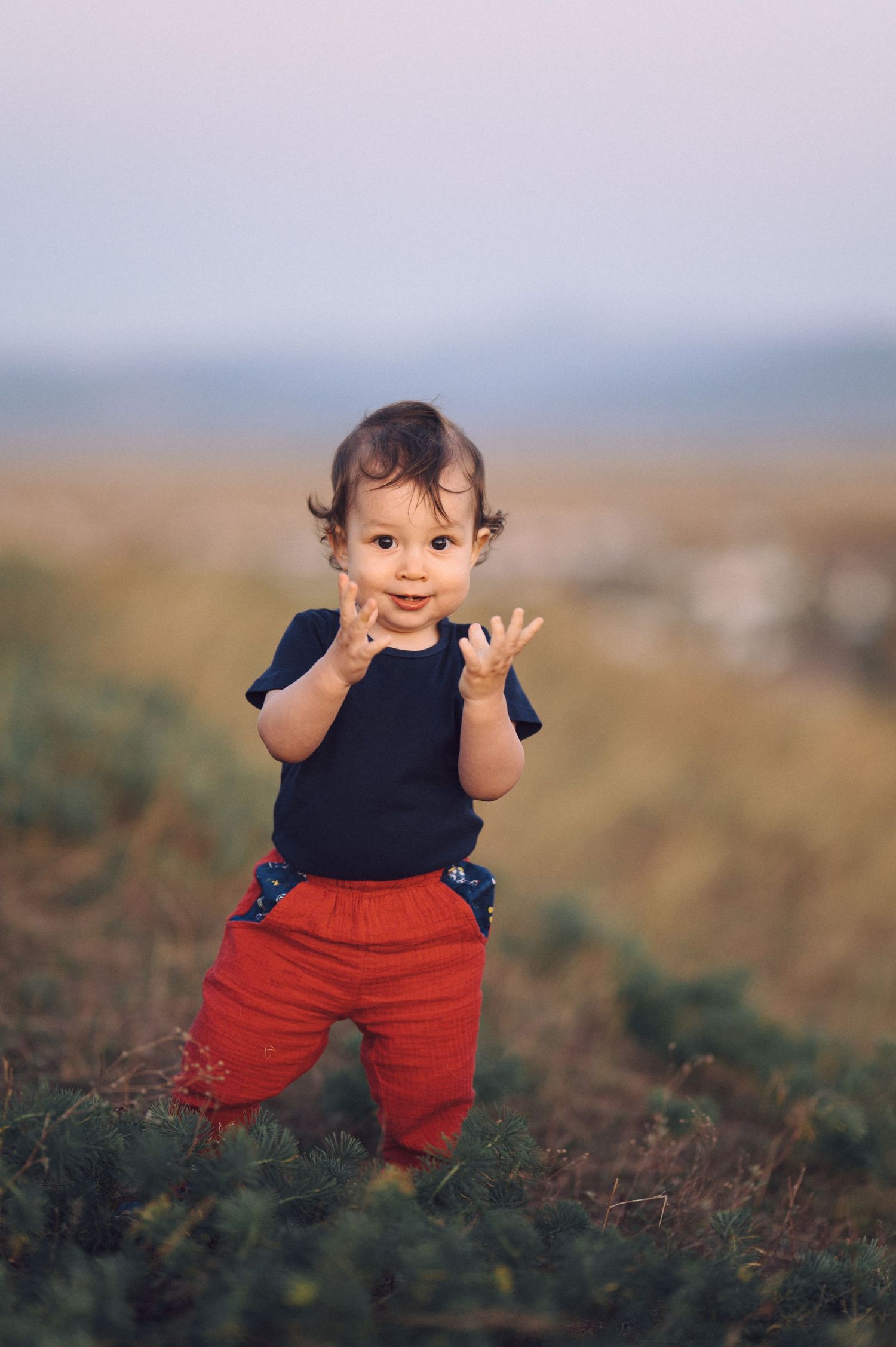 Small child wearing navy shirt and red pants stands in tall grass at sunset.