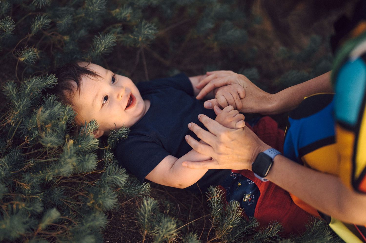 A playful moment captured lying in grass under afternoon sunlight.