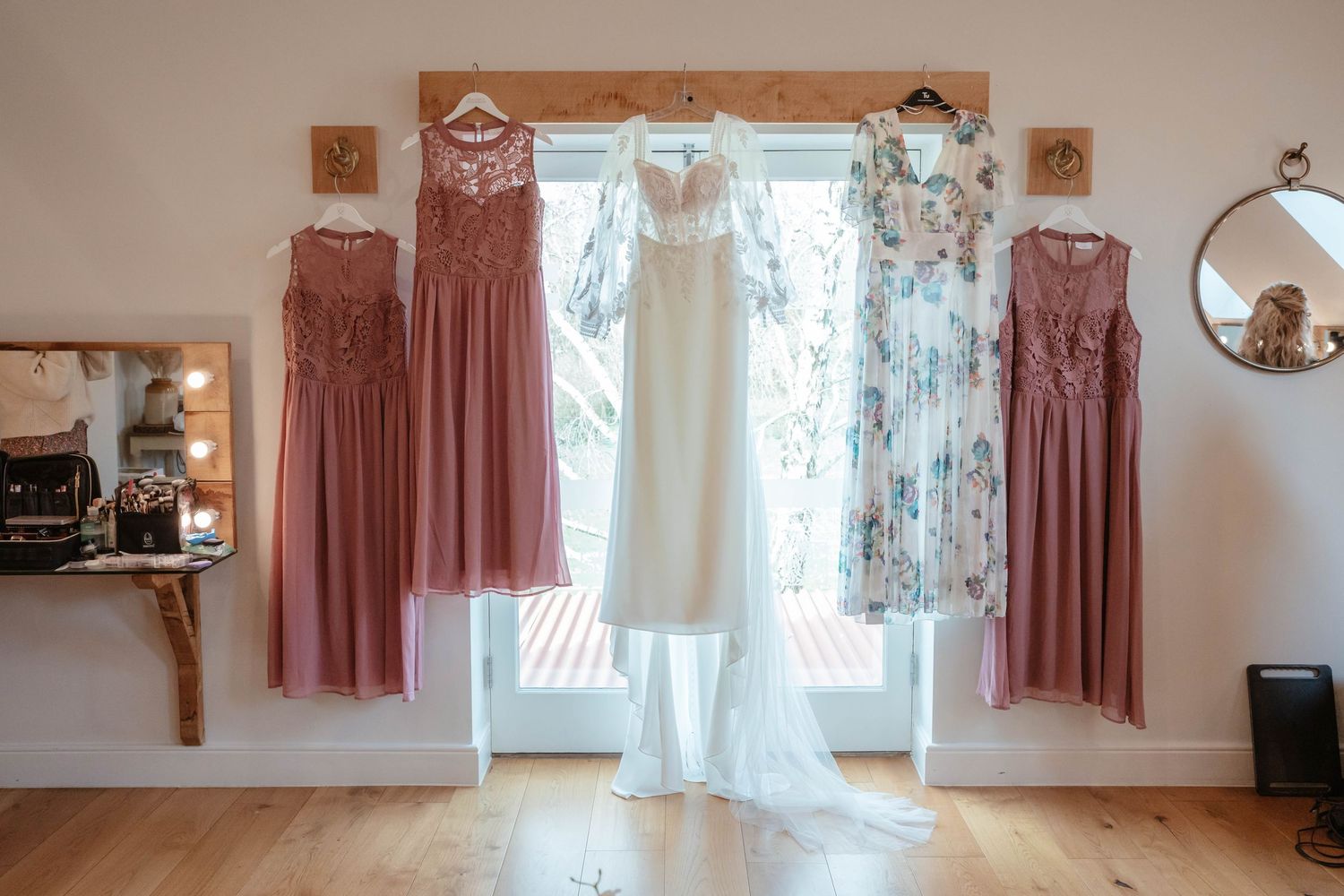 Hyde House Wedding Photographer Cotswolds Zara Davis Photography Gloucestershire Cheltenham bridal dress and bridesmaids dresses together