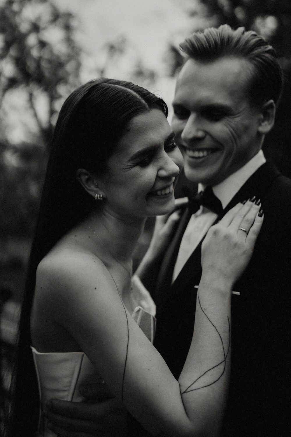 Black and white photo sequence showing intimate wedding couple moments with tender expressions and gestures.