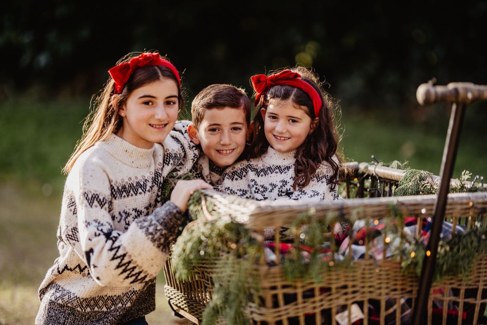Three people in matching winter sweaters posing with a rustic basket outdoors in golden sunlight.