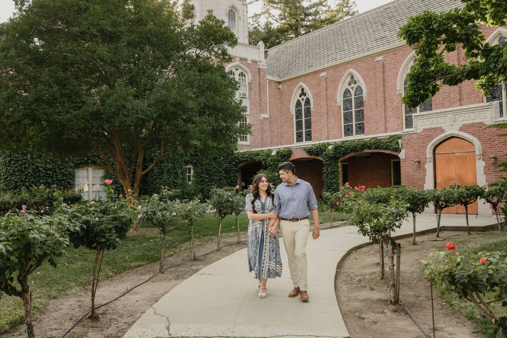 A continuous collage showing a brick church walkway with trees and courtyard throughout different angles and views.