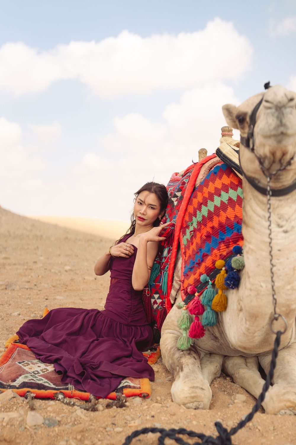 A sequence of desert shots showing someone in a purple dress posing with a decorated camel against sand dunes and sky.