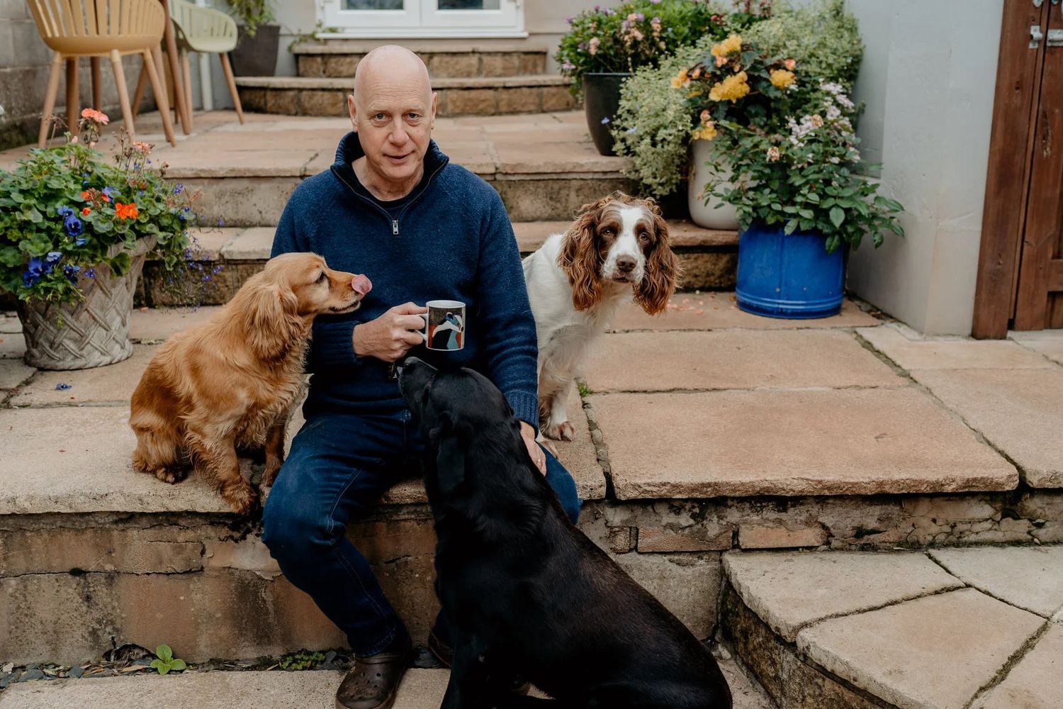 Three dogs and someone sitting on outdoor steps near potted plants and garden decor.