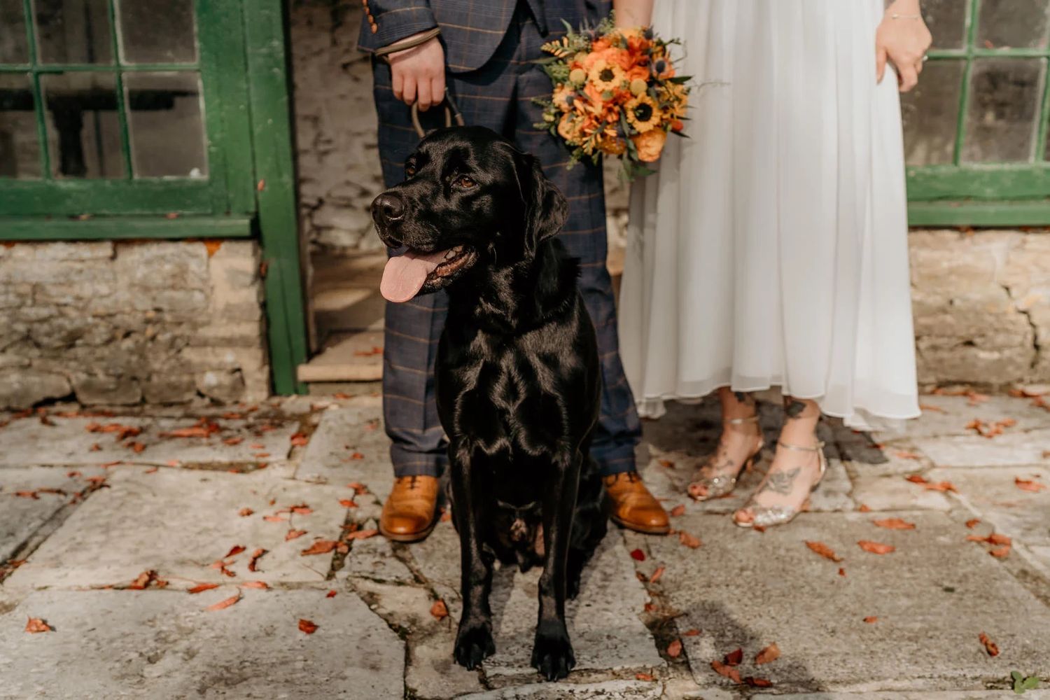 Elegant autumn wedding scene with red foliage and stone architecture.