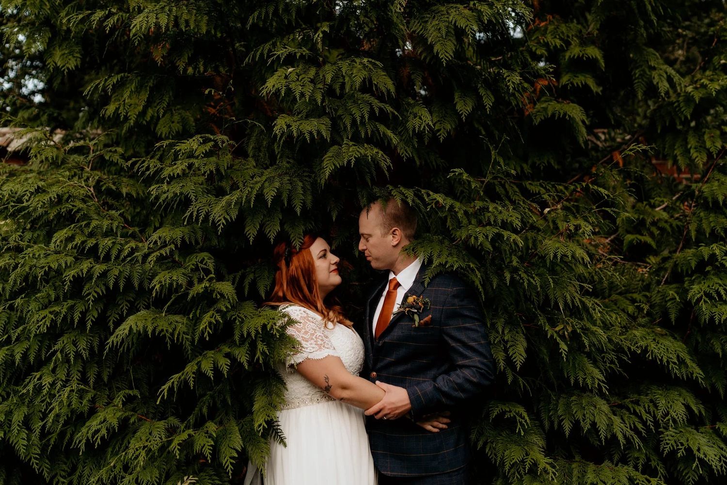 A couple shares a romantic embrace against verdant evergreen foliage on their wedding day.