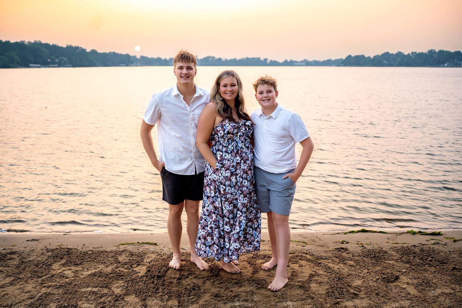 Five scenic beach photos at sunset showing people enjoying family time by the water with warm golden lighting.