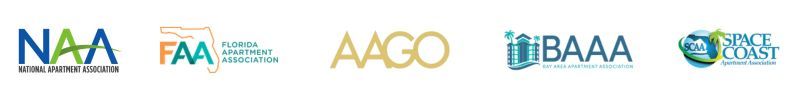 Logos of NAA, FAA, AAGO, BAAA, and Space Coast apartment associations displayed on white background.