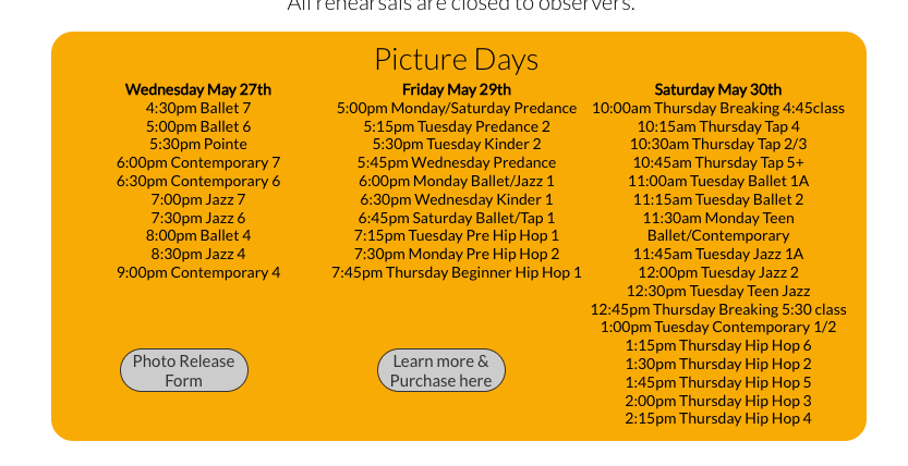 Dance studio picture days schedule showing class times for Wednesday, Friday, and Saturday sessions with photo release info.