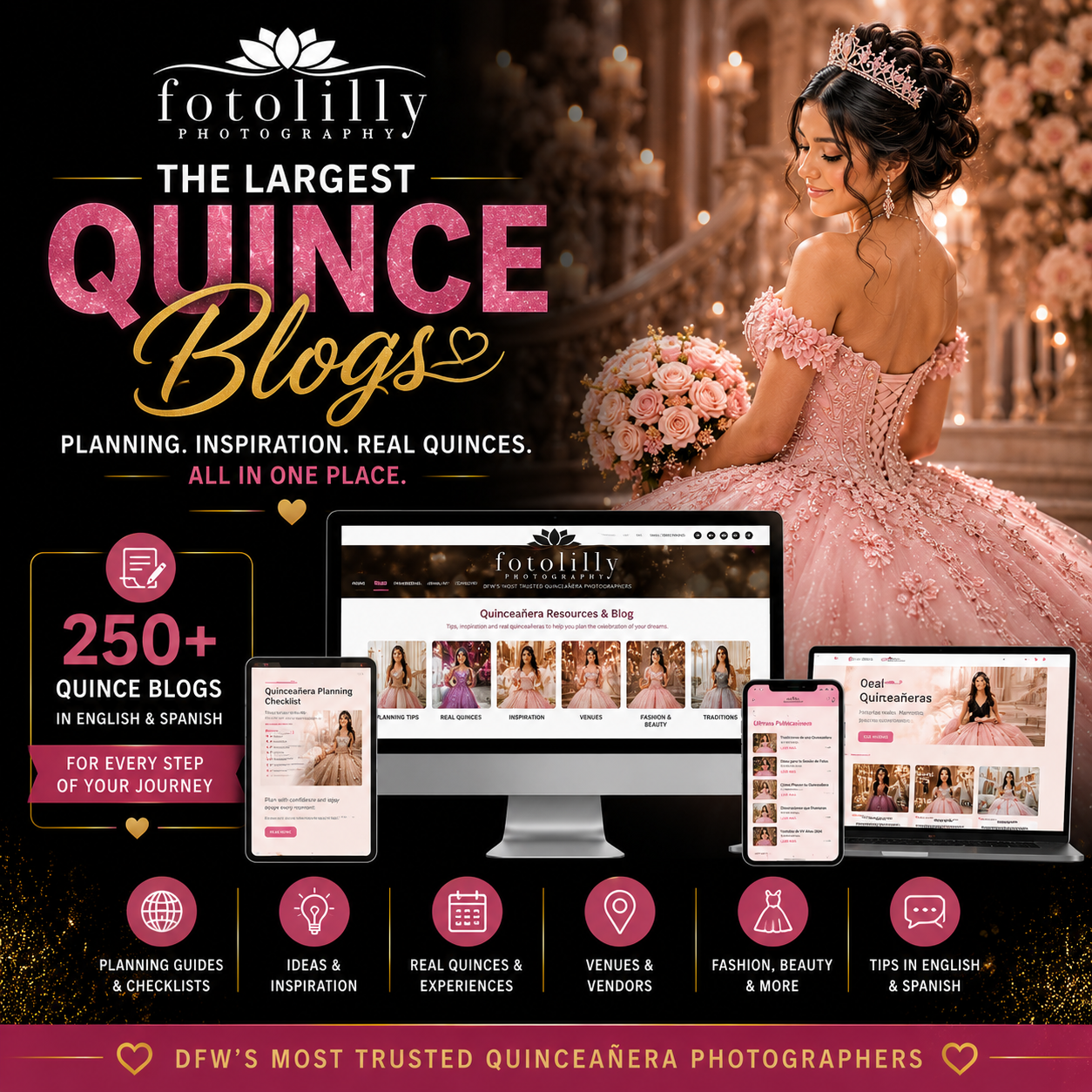 Fotolilly Photography creating trusted Quinceañera portraits and quince dress photoshoots throughout Dallas Fort Worth Texas