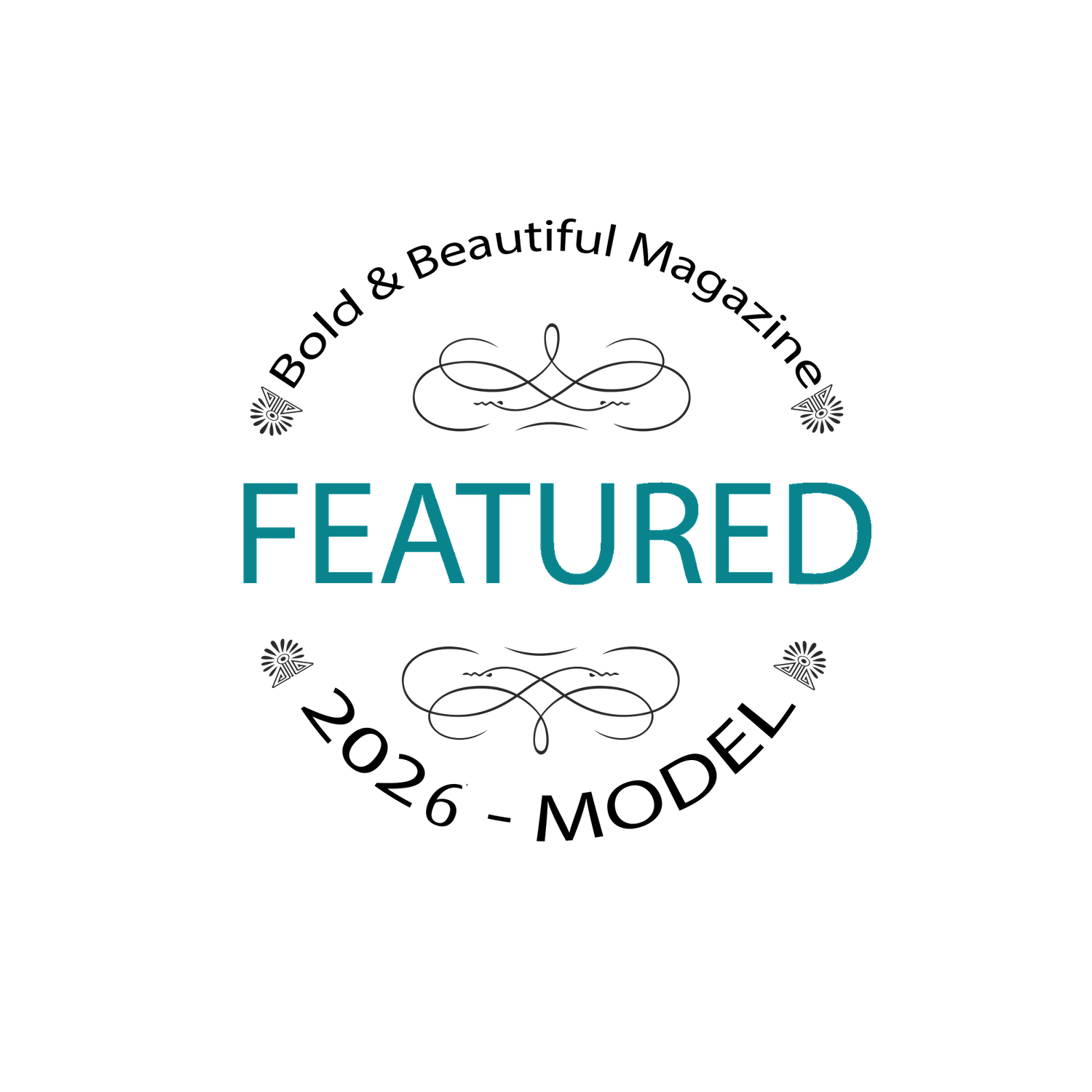 Bold & Beautiful Magazine 2026 Featured Model badge with elegant teal and black decorative design.