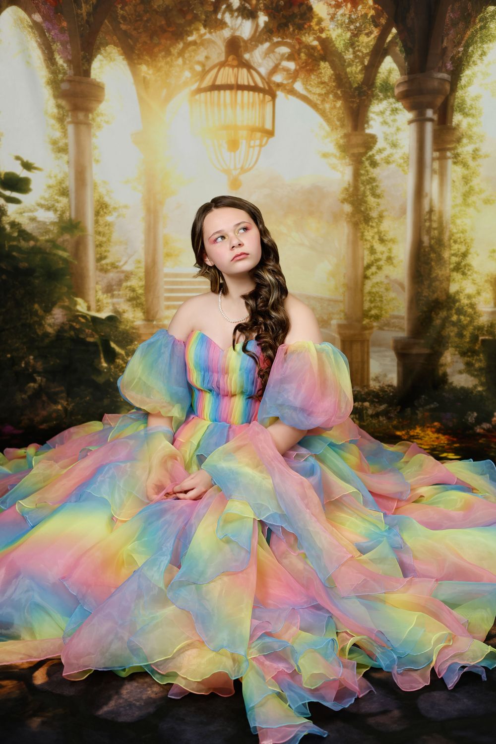 Girl in a rainbow ombre ball gown sits in a magical sunlit garden with arches and a birdcage.