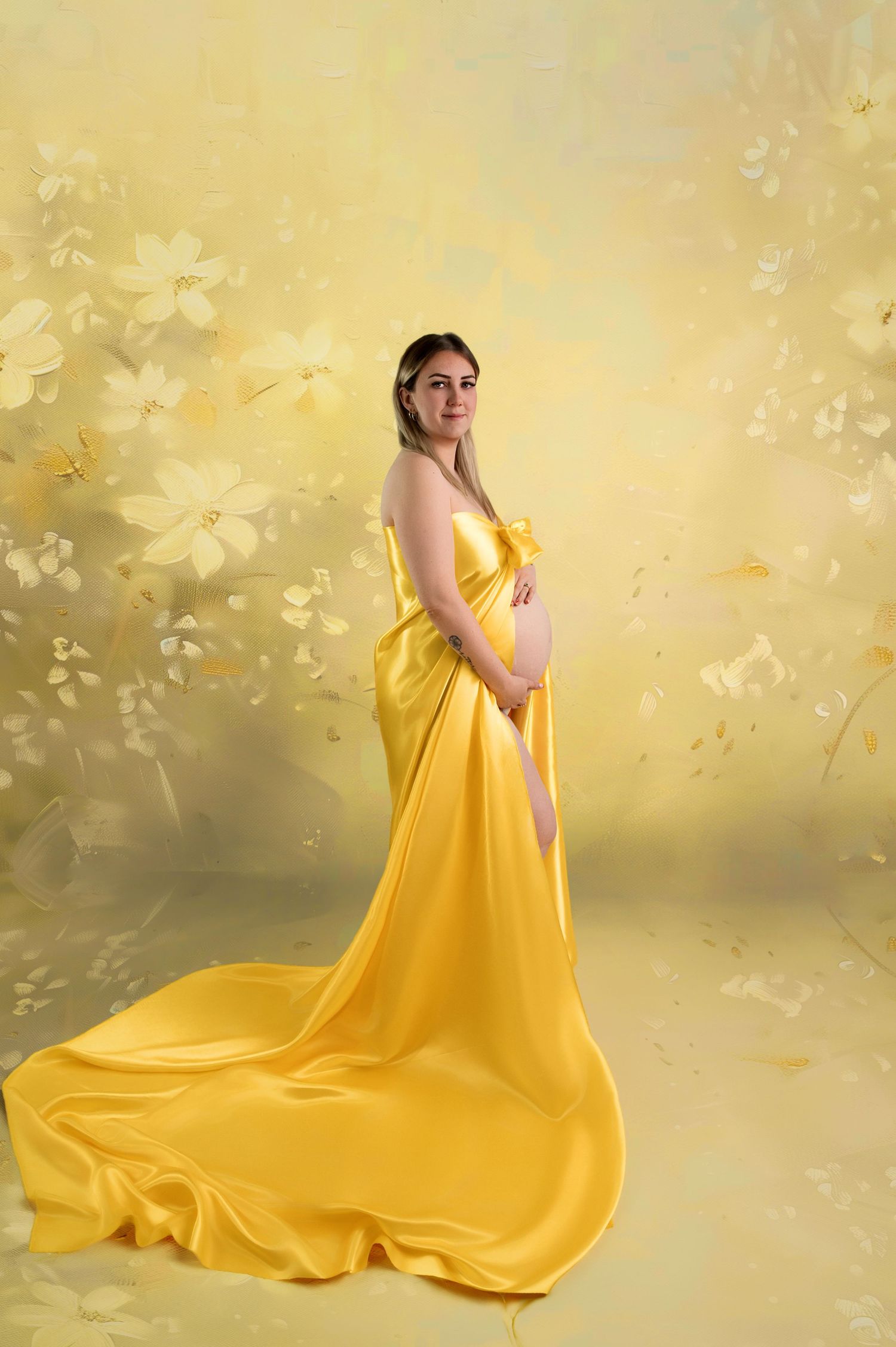 Pregnant woman in white dress holds flowers beside bearded man in white shirt, maternity couple portrait studio photo.