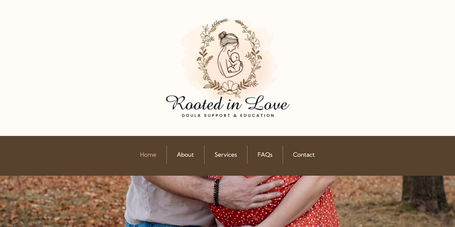 Rooted in Love doula support and education website homepage featuring a couple embracing outdoors and a logo with floral design.