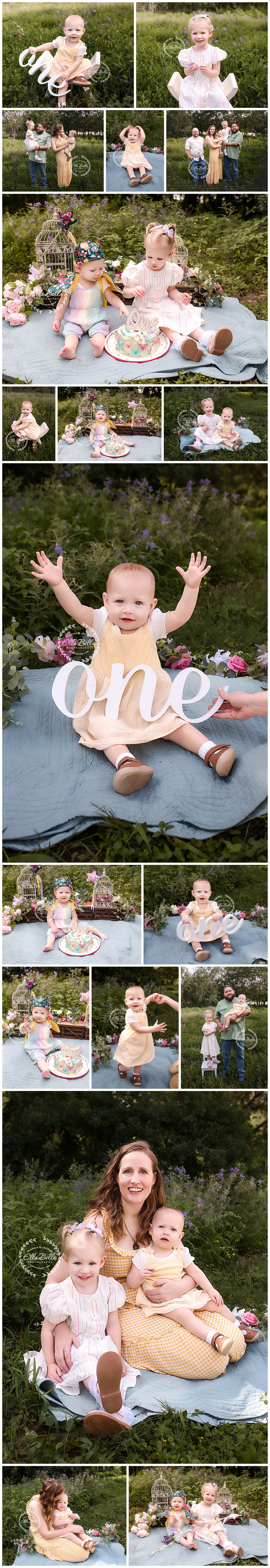 Outdoor first birthday cake smash photo collage featuring baby girl in yellow romper with sister and family in a garden setting.