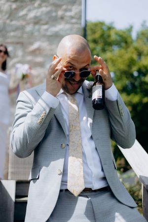 Wedding guests celebrating in Cornwall.