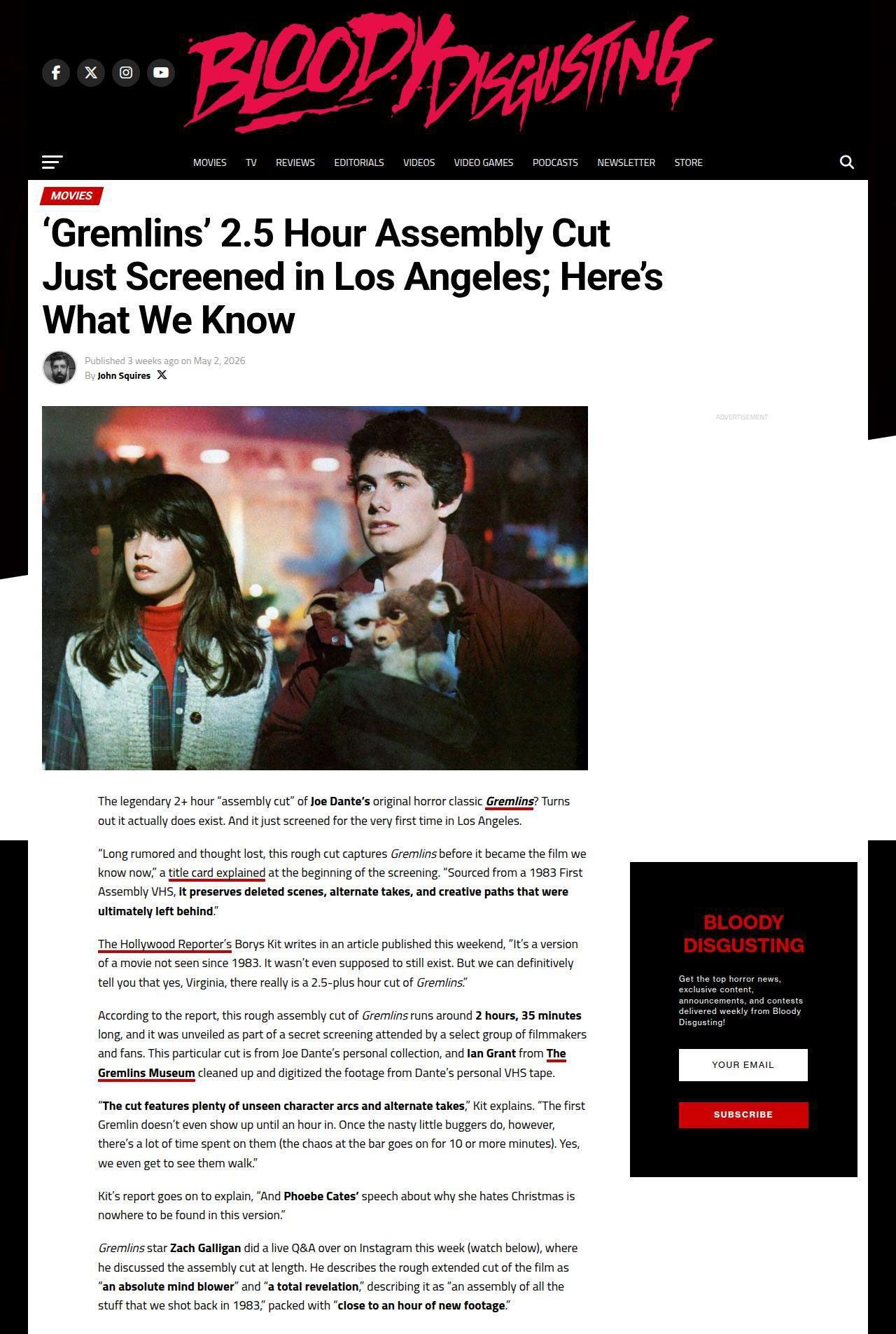 Bloody Disgusting website coverage of the Gremlins Rough Cut