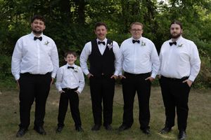 Groom in black vest and bow tie poses with four groomsmen in white shirts on a green lawn.