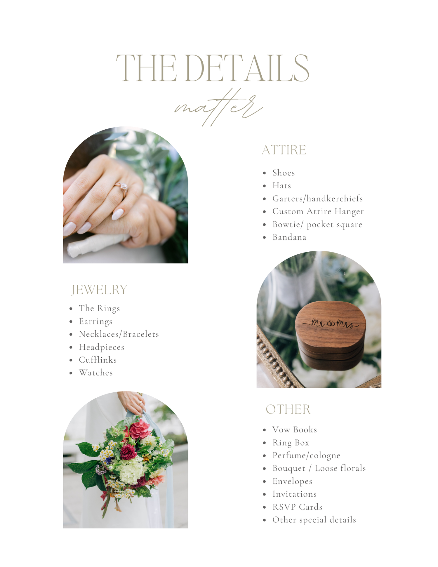 Wedding details checklist featuring jewelry, attire, and accessories with elegant flat lay photos of rings, bouquet, and ring box.