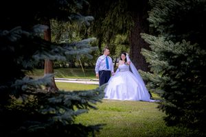 A bride in a white ball gown and groom in a blue tie walk among tall evergreen trees in a lush green park.