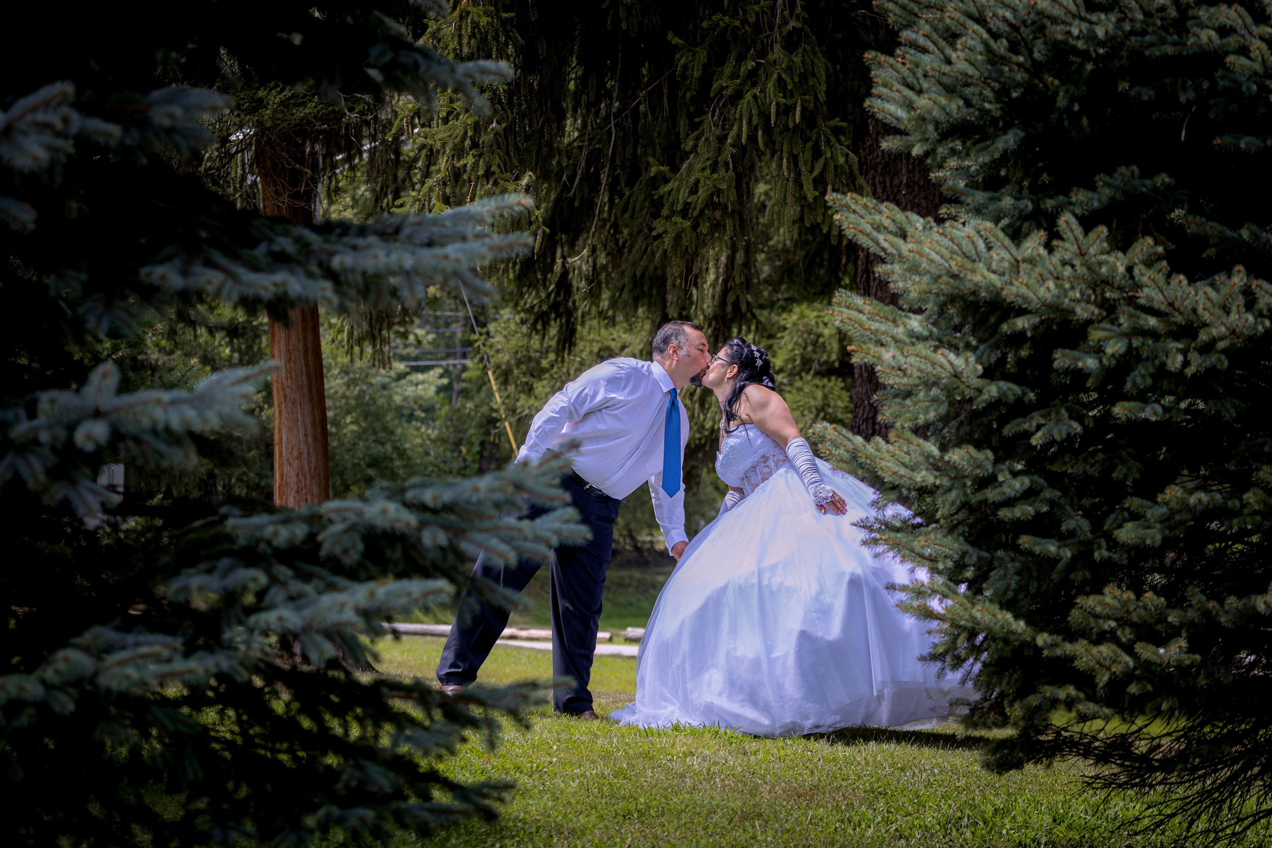 Bride and groom share a romantic kiss surrounded by lush green pine trees in an outdoor wedding ceremony.