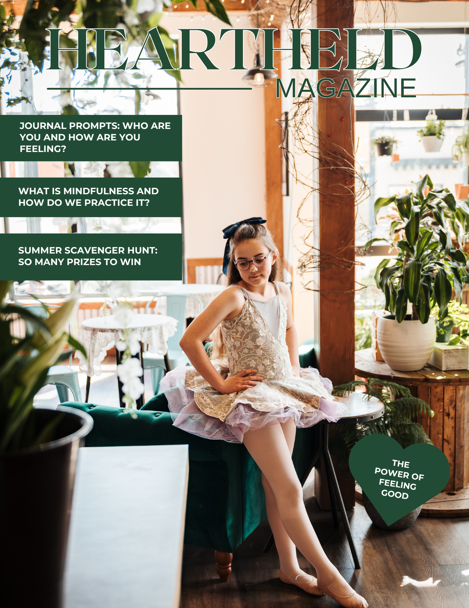 Young girl in floral dress poses in plant-filled cafe on Heartheld Magazine cover featuring mindfulness and journal prompts.