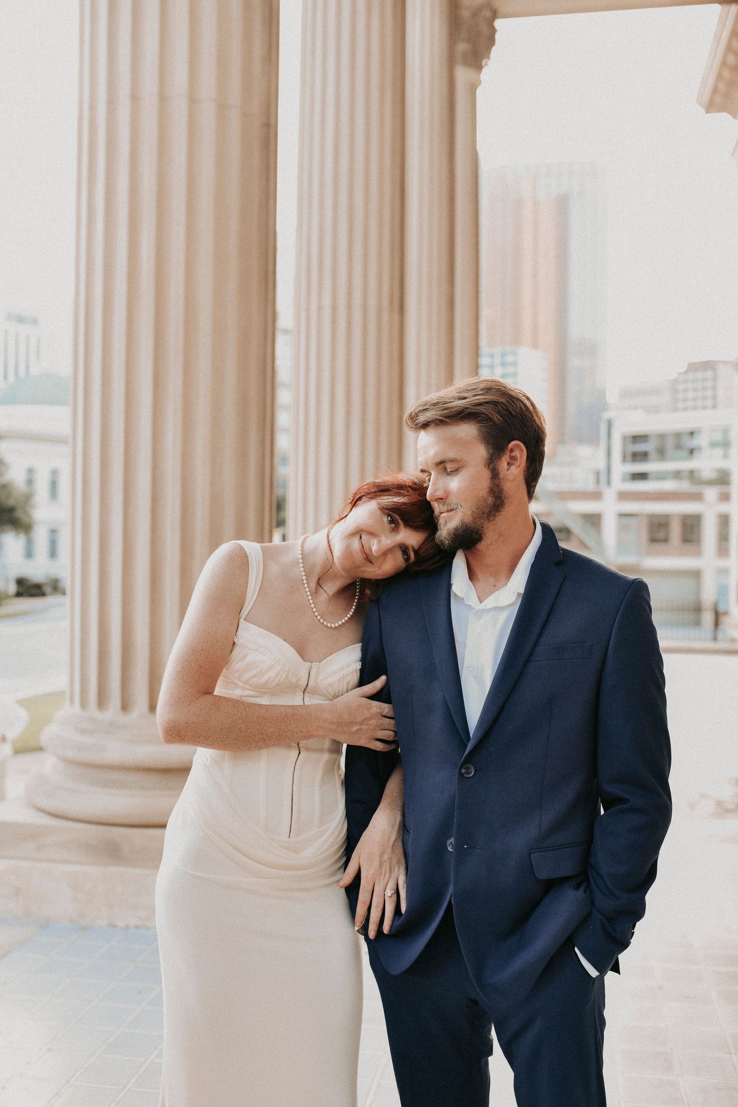 Editorial engagement session featuring historic Dallas cathedral architecture