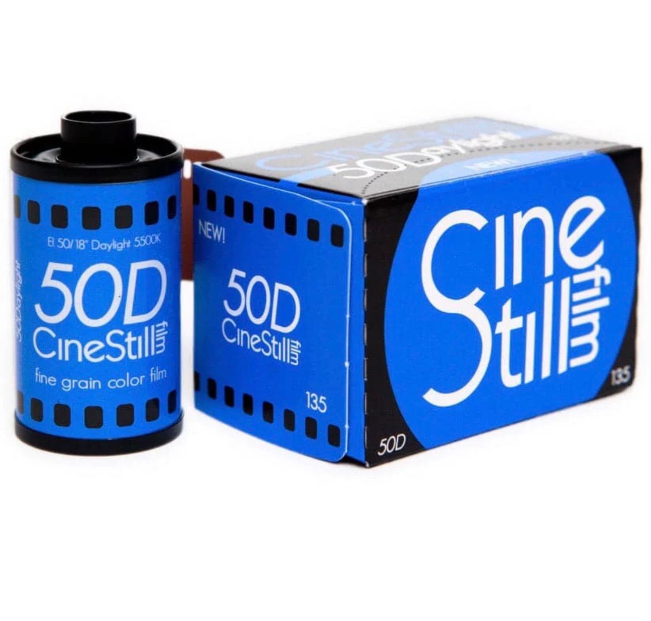 CineStill 50D fine grain color film in 135 format, shown with blue box packaging and film canister.