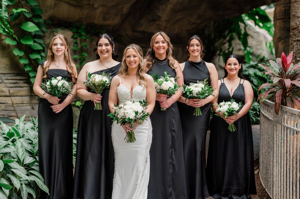 Bride in white gown poses with five bridesmaids in black dresses holding white and green bouquets.