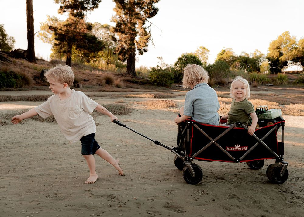 siblings playfully pulling each other in a beach cart during family photo session