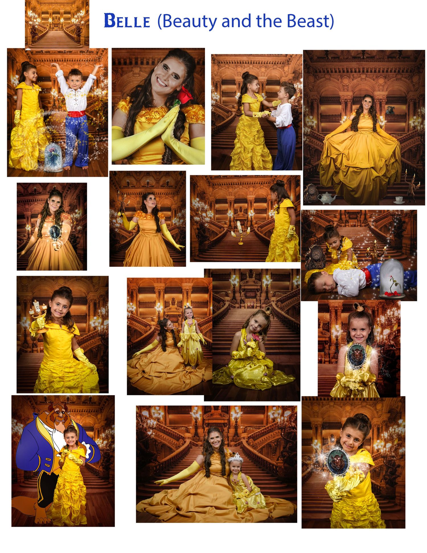 Belle from Beauty and the Beast in golden gown poses with children in enchanted ballroom setting collage.