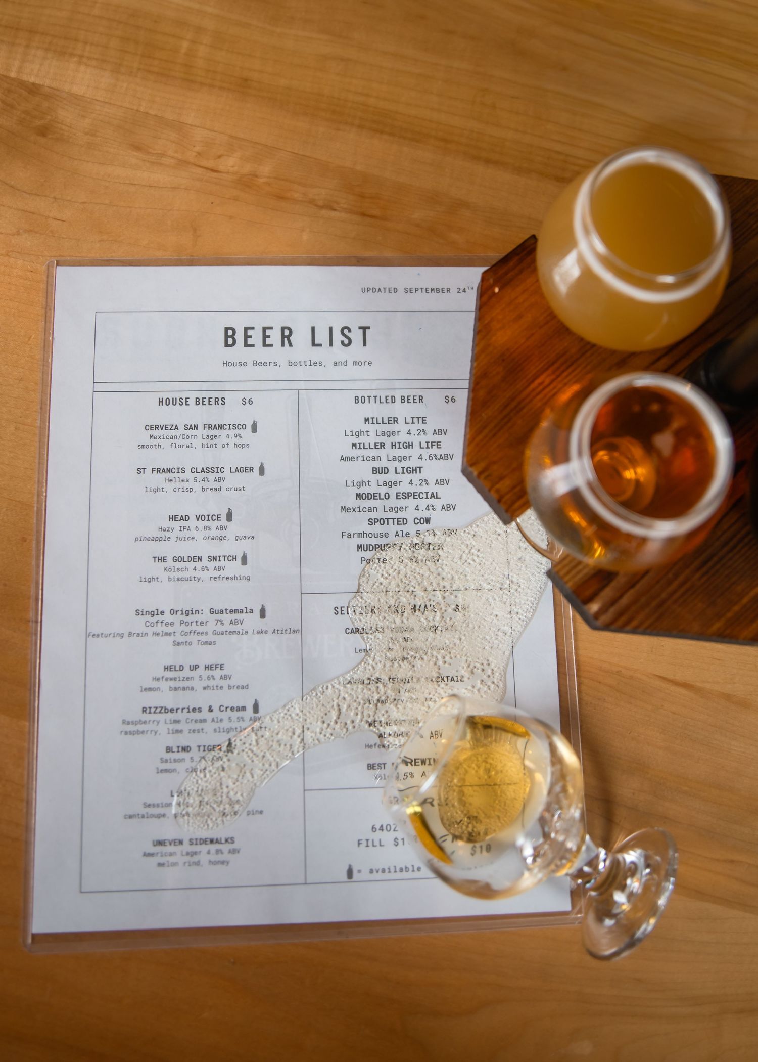 A beer list menu on a wooden table surrounded by glasses of craft beer, including a full pint and a taster glass.