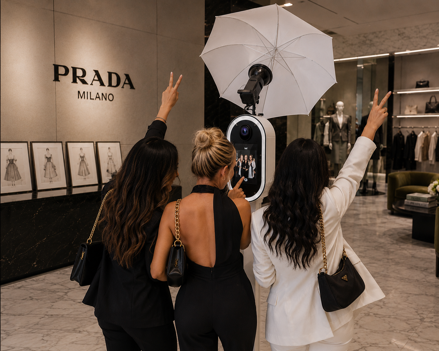 Three women posing with peace signs at a Prada Milano store photo booth with studio lighting.