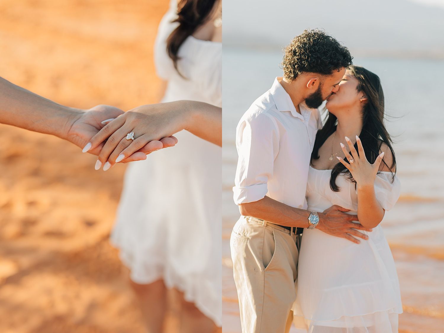 Close-up of engagement ring on bride's hand beside couple sharing a kiss on a sun-drenched sandy beach.