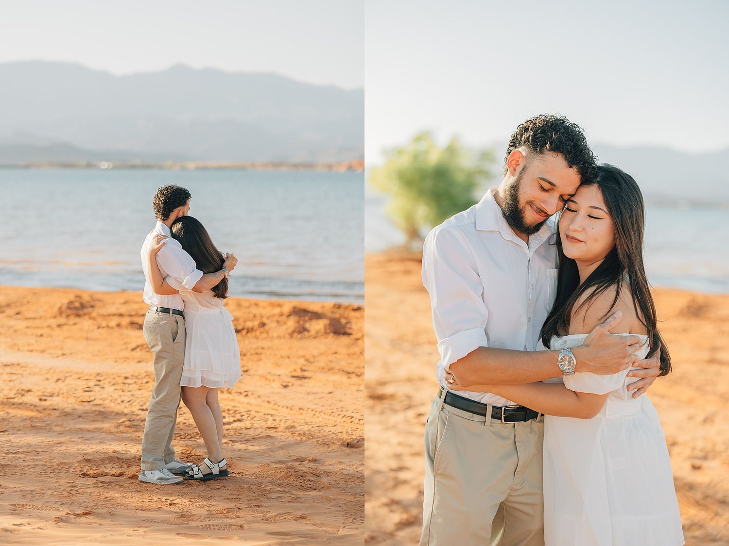 Romantic couple embracing and hugging each other on a sunlit red sand beach with mountain views.