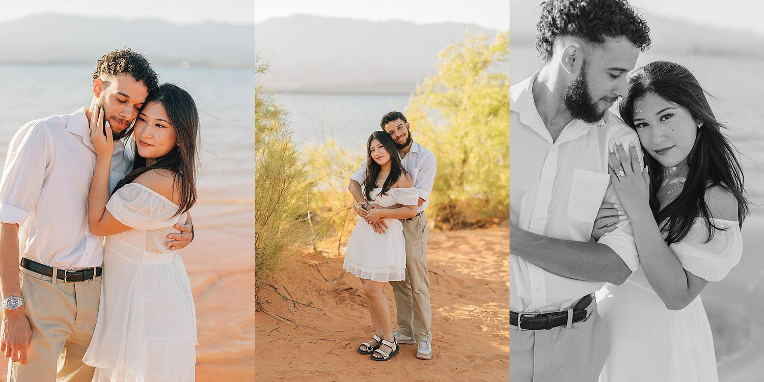 Romantic engagement photo collage of couple posing on sandy beach shore with soft golden light and mountain backdrop.