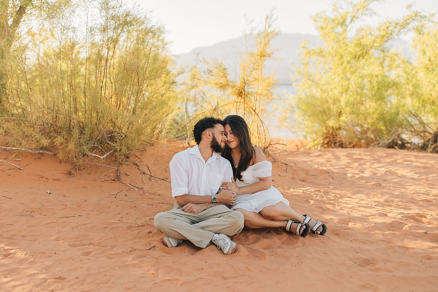 Engaged couple sits together on red desert sand surrounded by golden desert shrubs at sunset.