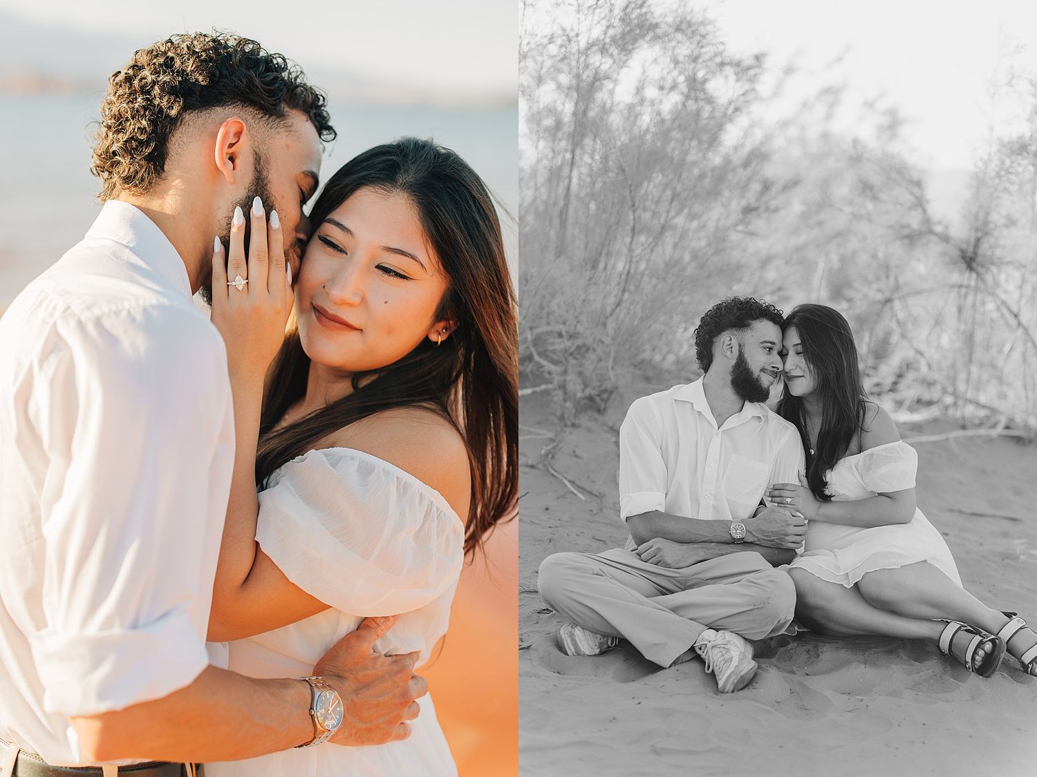 Couple shares intimate embrace in warm sunlight and black-and-white desert engagement portraits.