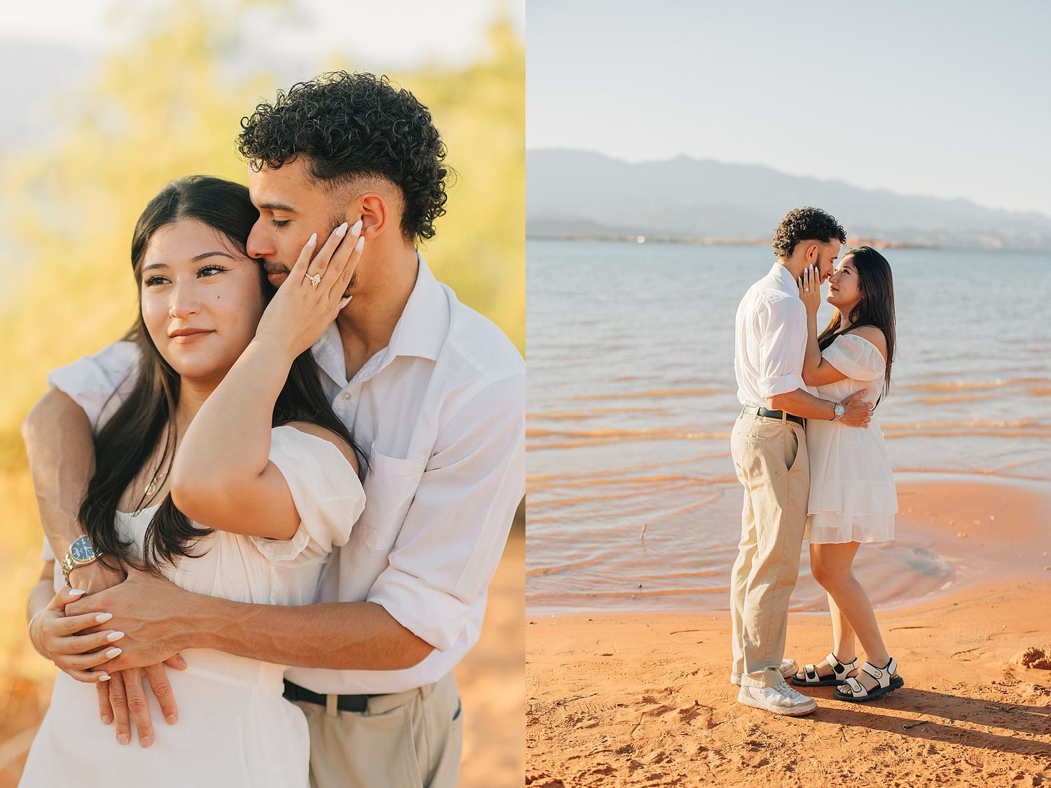 Loving couple shares intimate embrace on red sandy desert lakeside during engagement photo session.